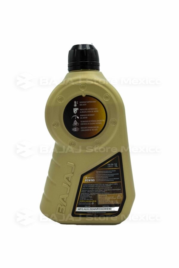 Aceite Sintético BAJAJ 20W50 de 1.0 Litro para motor de 4T BJO20W5010SI Aceite sintético con intervalo de cambio de hasta 7,500 km. Ideal para los modelos: Pulsar N250 Pulsar N160 Pulsar NS125 Pulsar NS200 Pulsar RS200 Avenger Platina Boxer Discover